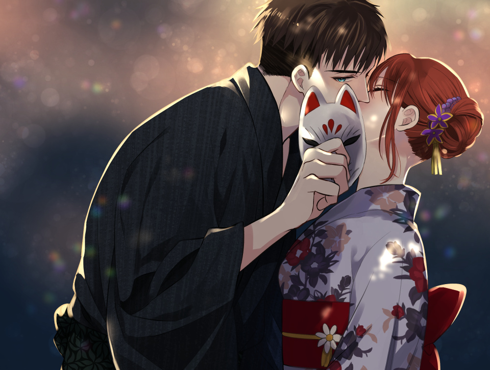 black_kimono blue_eyes brown_hair commentary_request floral_print fox_mask fujihashi_ryou hair_bun hetero holding holding_mask japanese_clothes kimono kiss looking_at_viewer mask mizuno_souma obi obiage obijime outdoors red_hair sash short_hair tarou_(you-0512) undercut upper_body very_short_hair yubisaki_kara_no_honki_no_netsujou