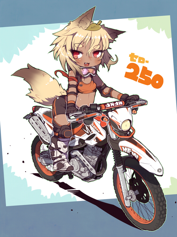 1girl animal_ears bike_shorts blush breasts crab_man dark-skinned_female dark_skin fang female_focus leaf leaf_on_head looking_at_viewer motor_vehicle motorcycle open_mouth red_eyes small_breasts solo tail