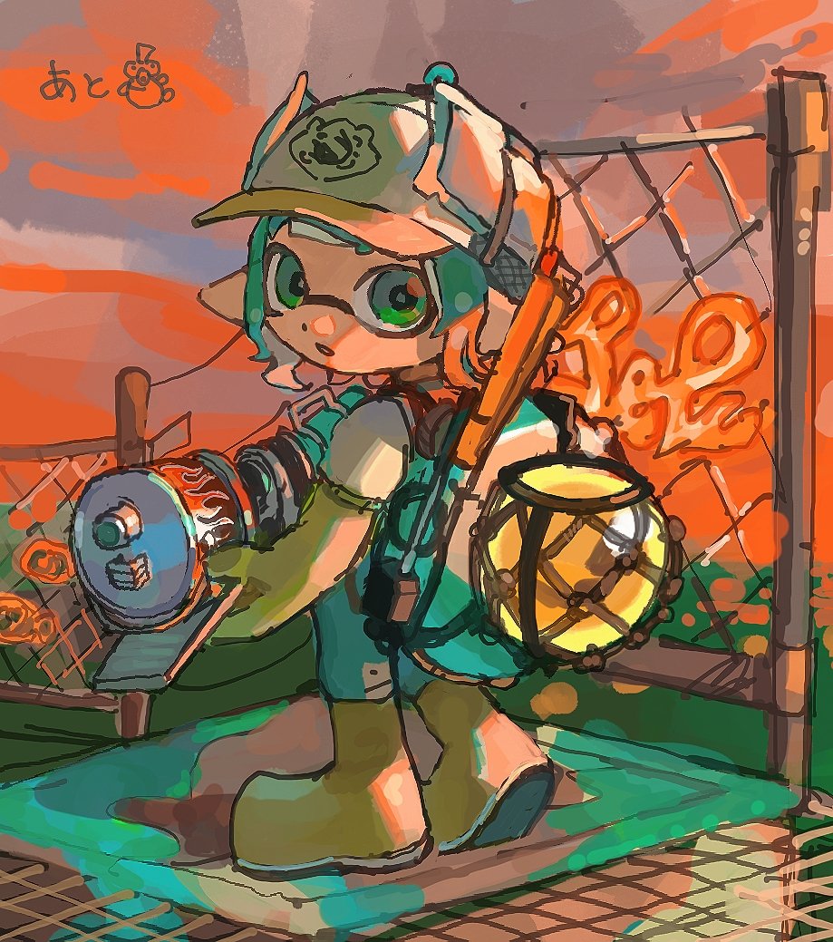 1girl :o baseball_cap blaster_(splatoon) blue_hair blue_overalls boots chain-link_fence elbow_gloves fence full_body gloves golden_egg_(splatoon) green_eyes hat heel_up holding inkling inkling_girl inkling_player_character lifebuoy looking_at_viewer looking_back miko_(15476997) nintendo open_mouth orange_sky outdoors overalls packet pointy_ears rubber_boots rubber_gloves salmon_run_(splatoon) short_hair sky solo splatoon_(series) standing swim_ring tentacle_hair twilight yellow_footwear yellow_gloves