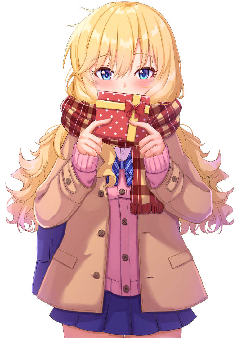 1girl bag blonde_hair blue_bow blue_eyes blue_skirt blush bow box breasts brown_jacket commentary_request covering_own_mouth cowboy_shot enpera female_focus gift hair_between_eyes holding holding_gift idolmaster idolmaster_cinderella_girls idolmaster_cinderella_girls_starlight_stage jacket large_breasts long_hair long_sleeves looking_at_viewer namidako ohtsuki_yui pink_sweater plaid_clothes plaid_scarf pleated_skirt red_scarf scarf school_bag school_uniform shirt simple_background skirt sleeves_past_wrists solo standing sweater wavy_hair white_background white_shirt