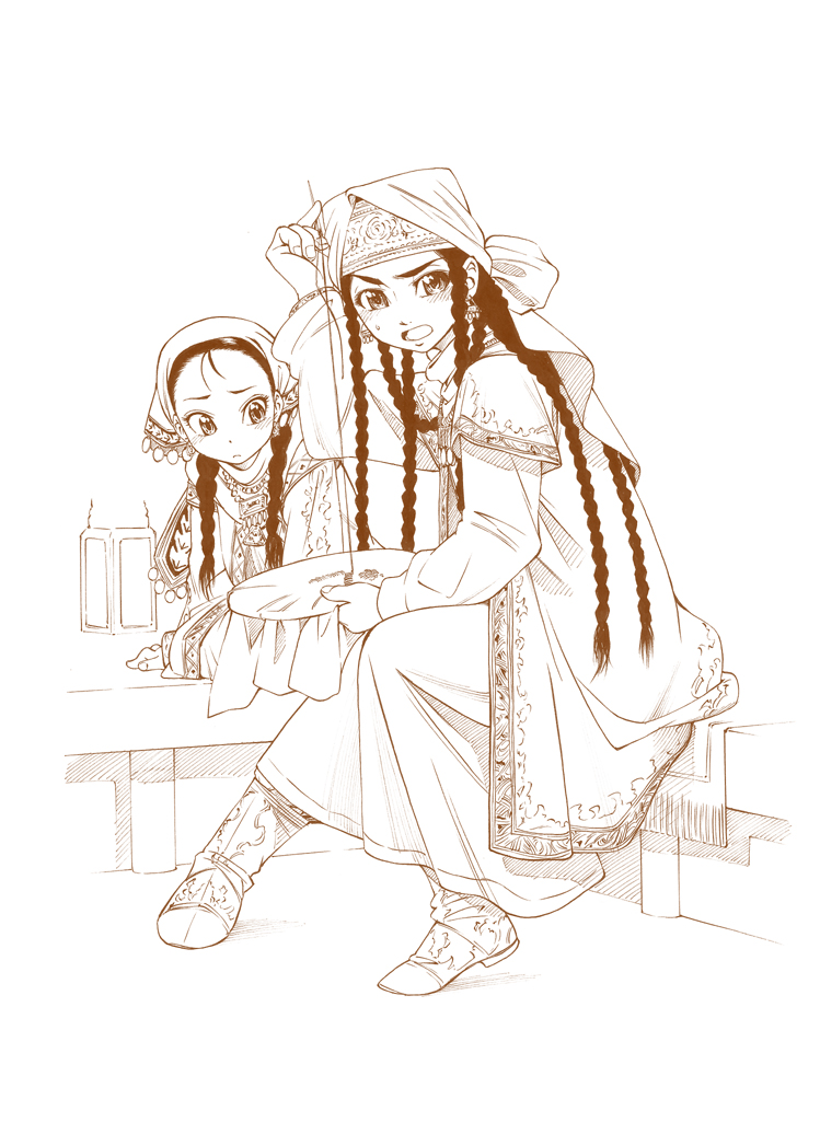 2girls blush boots braid child eibon headscarf long_sleeves monochrome multiple_braids multiple_girls needle open_mouth otoyomegatari pariya sitting stitches tileke twin_braids