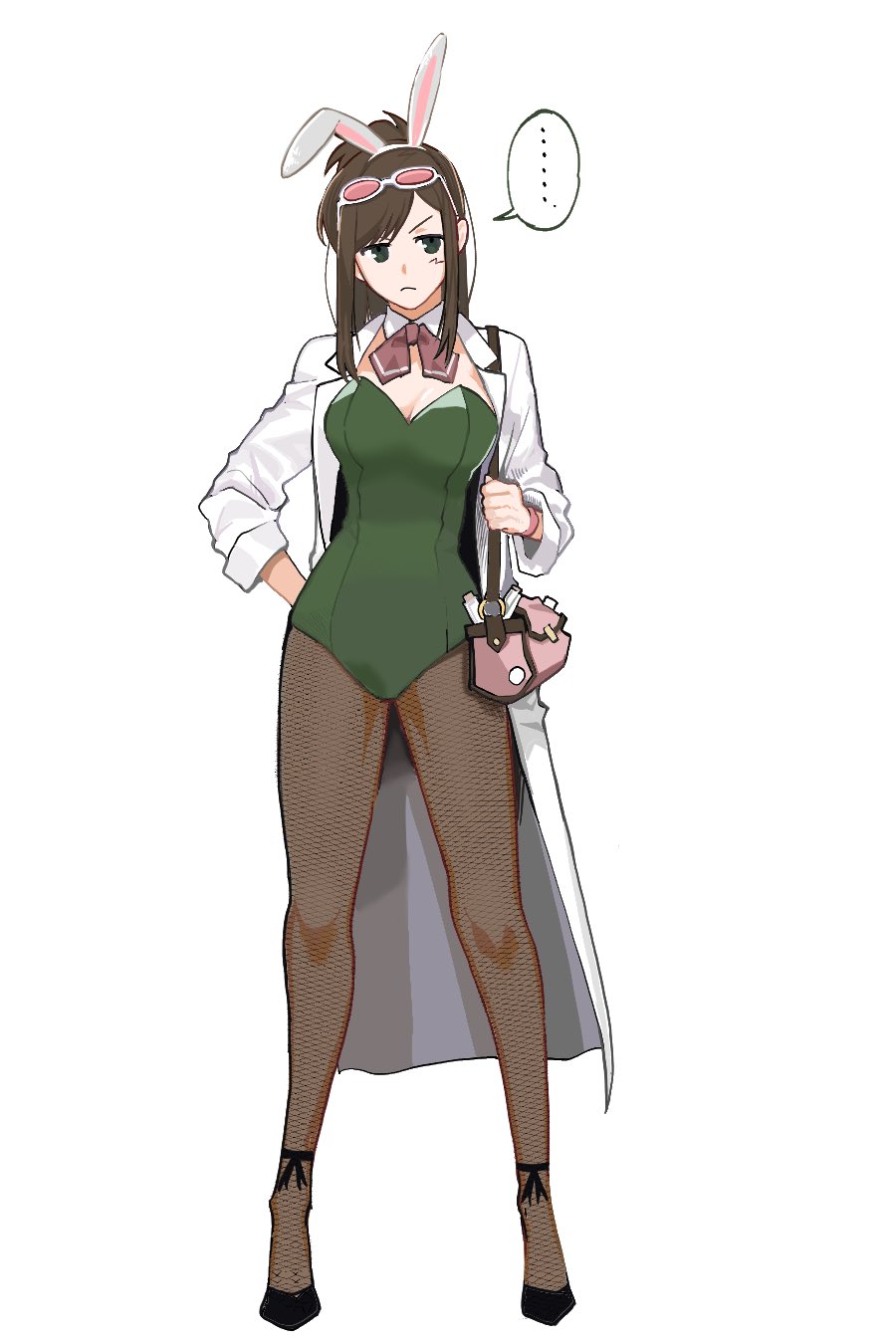 &gt;:( ... 1girl ace_attorney animal_ears annoyed apollo_justice:_ace_attorney bag black_footwear bow bowtie breasts brown_hair bunny_day closed_mouth commentary detached_collar dingdanggu ema_skye eyewear_on_head fake_animal_ears fishnet_pantyhose fishnets full_body glasses green_eyes green_leotard half_updo highres lab_coat leotard long_hair medium_breasts pantyhose pink_bag playboy_bunny rabbit_ears shoulder_bag sidelocks simple_background sleeves_rolled_up solo spoken_ellipsis standing strapless strapless_leotard strappy_heels sunglasses symbol-only_commentary tinted_eyewear v-shaped_eyebrows white_background wristband
