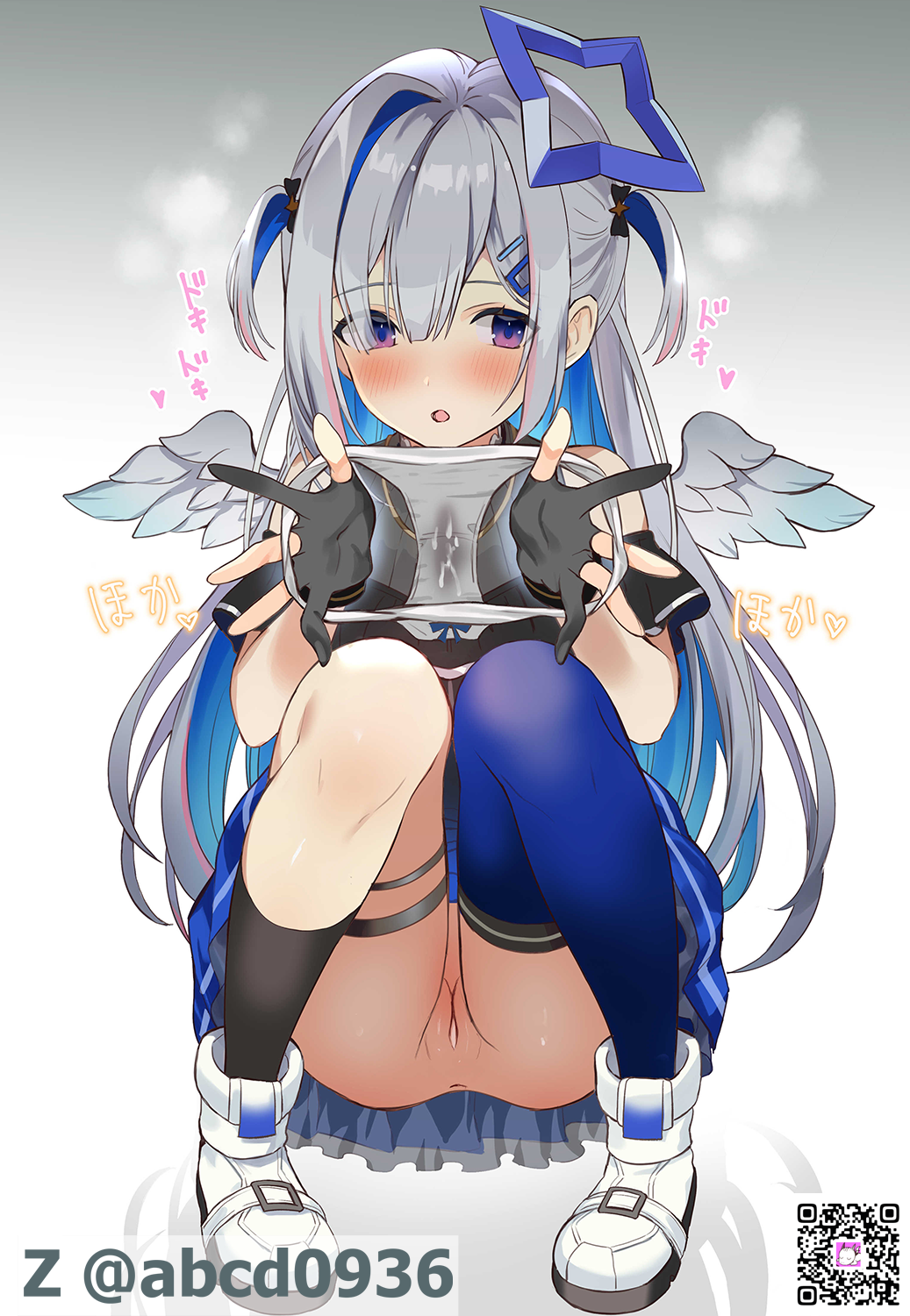 1girl amane_kanata amane_kanata_(work) angel angel_wings asymmetrical_legwear black_dress black_gloves black_socks blue_hair blue_skirt blue_theme breasts colored_inner_hair dress gloves grey_hair hair_intakes hair_ornament hairpin halo highres holding holding_panties holding_underwear holding_unworn_clothes hololive long_hair multicolored_hair panties partially_fingerless_gloves pukara purple_eyes pussy shoes skirt small_breasts sneakers socks star_halo thigh_strap two-tone_hair underwear very_long_hair virtual_youtuber white_footwear white_panties wings