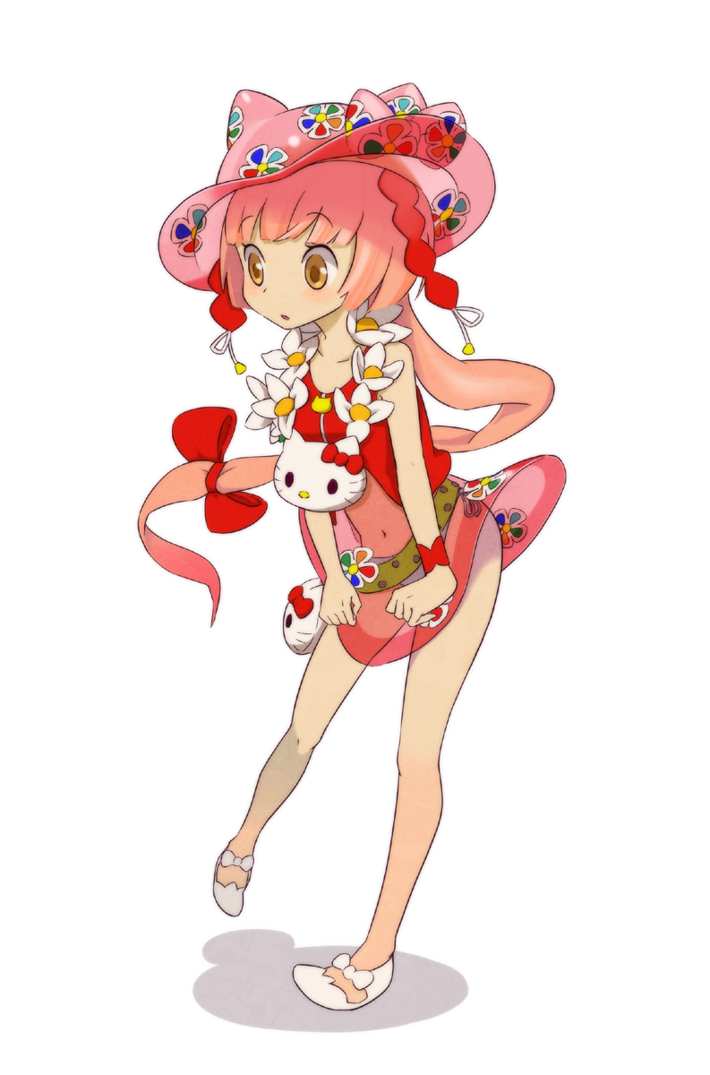 1girl decilitre dress female_focus flower flower_necklace full_body hello_kitty hello_kitty_to_issho! highres jewelry legs lei long_hair necklace nekomura_iroha ponytail sanrio see-through_clothes simple_background solo vocaloid white_background wrist_cuffs yellow_eyes