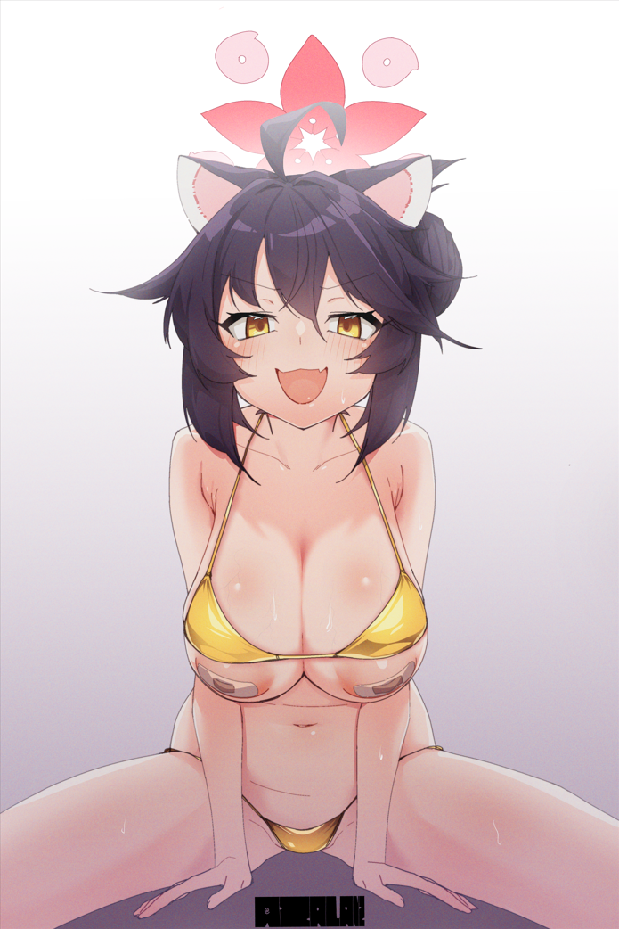 1girl :d ahoge animal_ears areola_slip bandaid bandaids_on_nipples bikini black_hair blue_archive blush breasts gold_bikini halo kaede_(blue_archive) large_breasts looking_at_viewer open_mouth oppai_loli pasties red_halo short_hair smile solo swimsuit tilt-shift_(azalanz) yellow_eyes