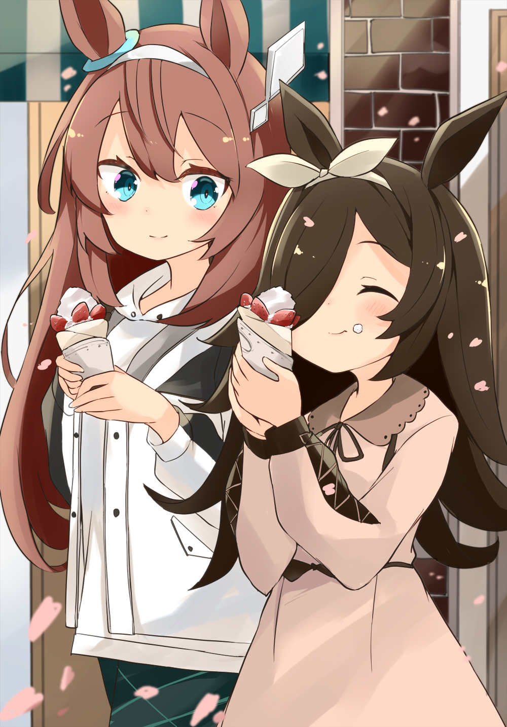 2girls :t ^_^ animal_ears barashiya black_hair blue_eyes brick_wall brown_dress brown_hair closed_eyes closed_mouth collared_dress commentary_request cream cream_on_face crepe dress eating food food_on_face fruit grey_hairband hair_between_eyes hair_over_one_eye hair_ribbon hairband hands_up highres holding holding_crepe holding_food hood hood_down hoodie horse_ears jacket long_hair long_sleeves mihono_bourbon_(umamusume) multiple_girls open_clothes open_jacket petals puffy_long_sleeves puffy_sleeves ribbon rice_shower_(umamusume) smile strawberry umamusume very_long_hair white_hairband white_hoodie white_jacket white_ribbon