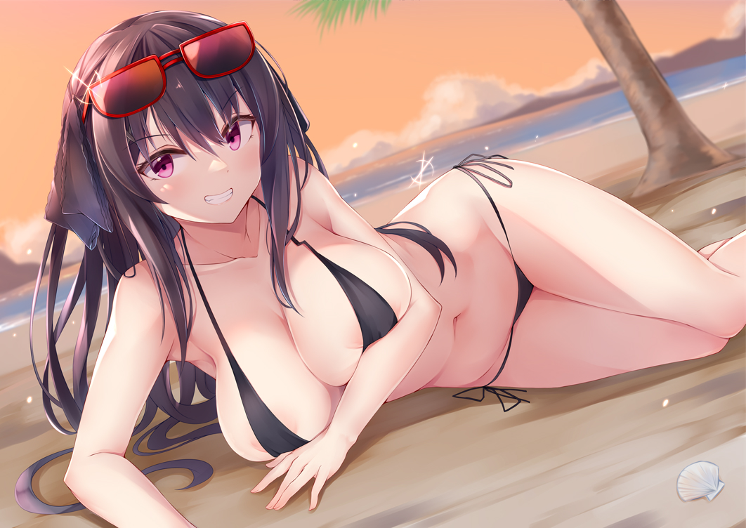 1girl ao_no_kanata_no_four_rhythm armpits bare_arms bare_shoulders beach bikini black_bikini black_hair breasts cleavage collarbone commission eyewear_on_head glint grin hair_ribbon halterneck irohara large_breasts long_hair looking_at_viewer lying navel on_side outdoors purple_eyes ribbon side-tie_bikini_bottom skeb_commission smile solo stomach string_bikini sunglasses swimsuit thighs tobisawa_misaki v-shaped_eyebrows