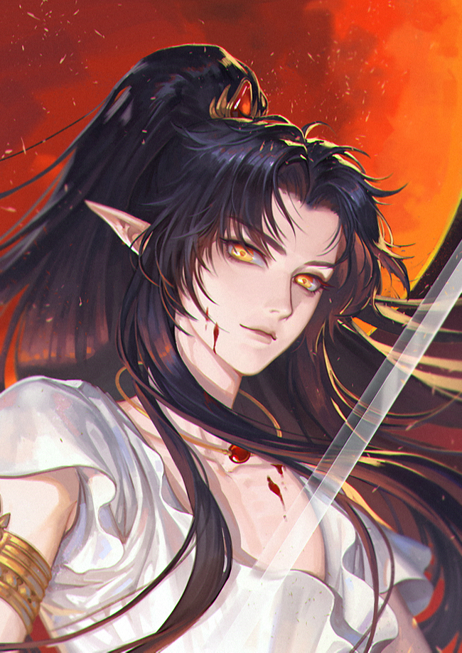 1boy androgynous armlet ashura_(rg_veda) black_hair blood jewelry kunlu lips long_hair looking_at_viewer male_focus necklace pointy_ears rg_veda solo sword upper_body weapon yellow_eyes