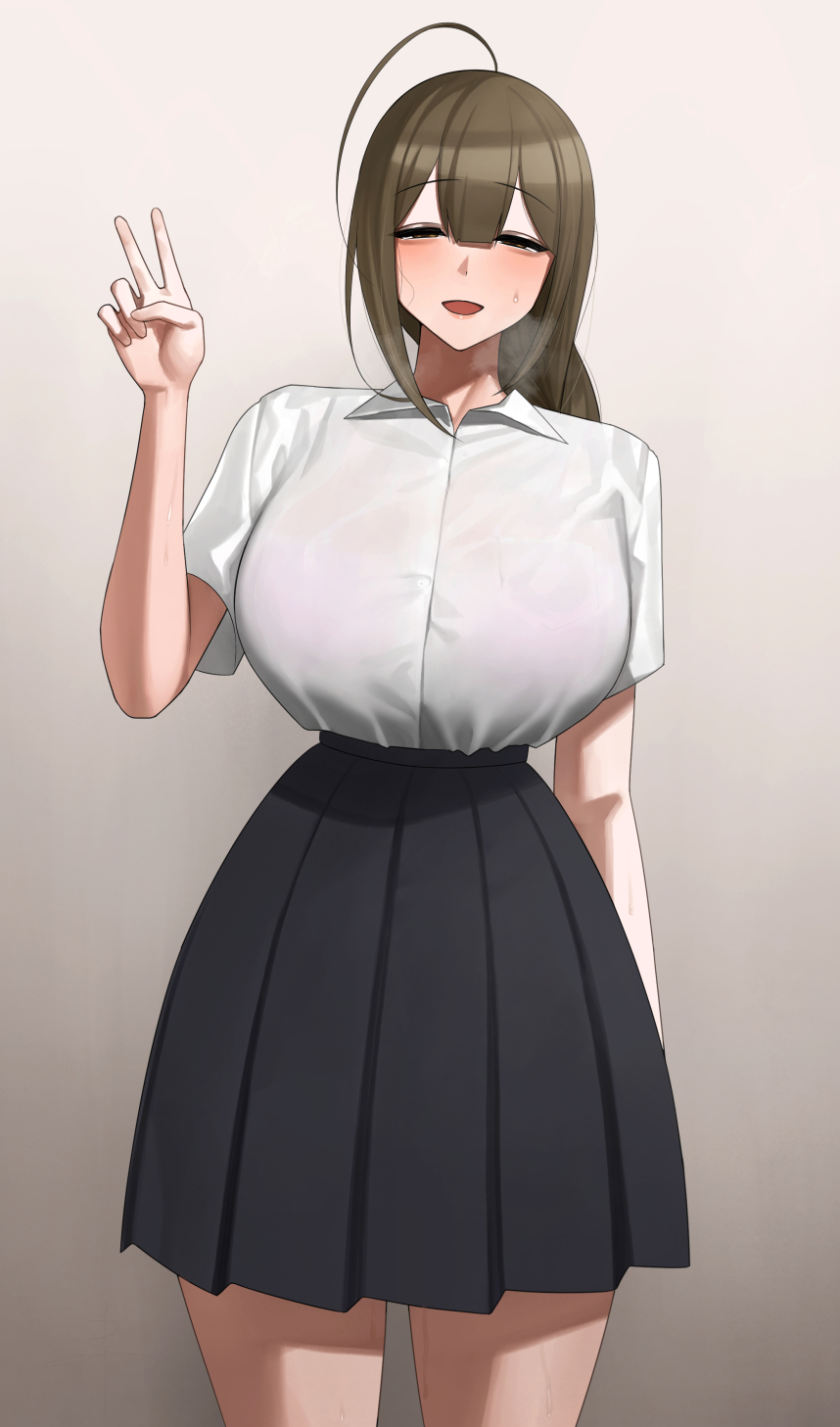 1girl ahoge black_skirt breasts brown_background brown_eyes brown_hair collared_shirt commentary_request gradient_background highres idolmaster idolmaster_shiny_colors kuwayama_chiyuki large_breasts looking_at_viewer open_mouth pleated_skirt see-through see-through_shirt senju_(snz0) shirt short_sleeves skirt smile solo standing sweat thighs v white_shirt