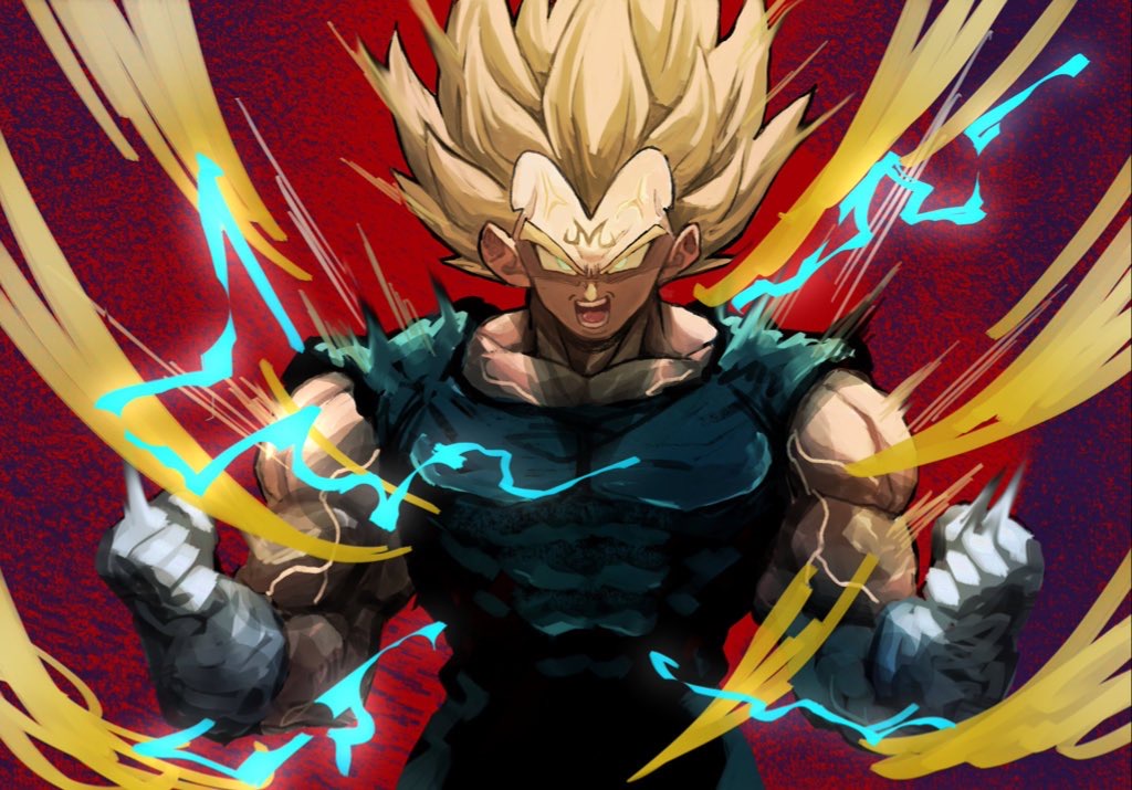 1boy 9302w_(user_wjpg8475) aura blonde_hair blue_jumpsuit collarbone crackling_energy dragon_ball forehead_tattoo gloves glowing glowing_eyes green_eyes jumpsuit looking_at_viewer majin_vegeta male_focus muscular muscular_male open_mouth sleeveless solo spiked_hair super_saiyan super_saiyan_2 tight_clothes v-shaped_eyebrows vegeta veins white_gloves