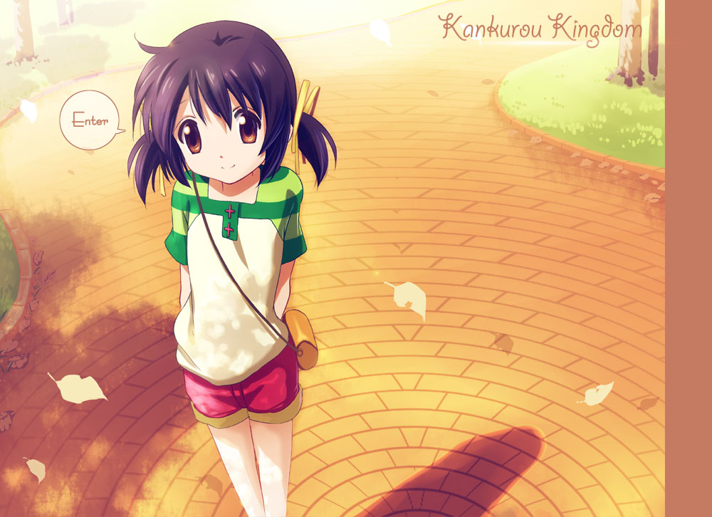 00s 1girl autumn autumn_leaves child clannad english_text falling_leaves female_focus kankurou leaf outdoors park raglan_sleeves shorts solo speech_bubble sunohara_mei