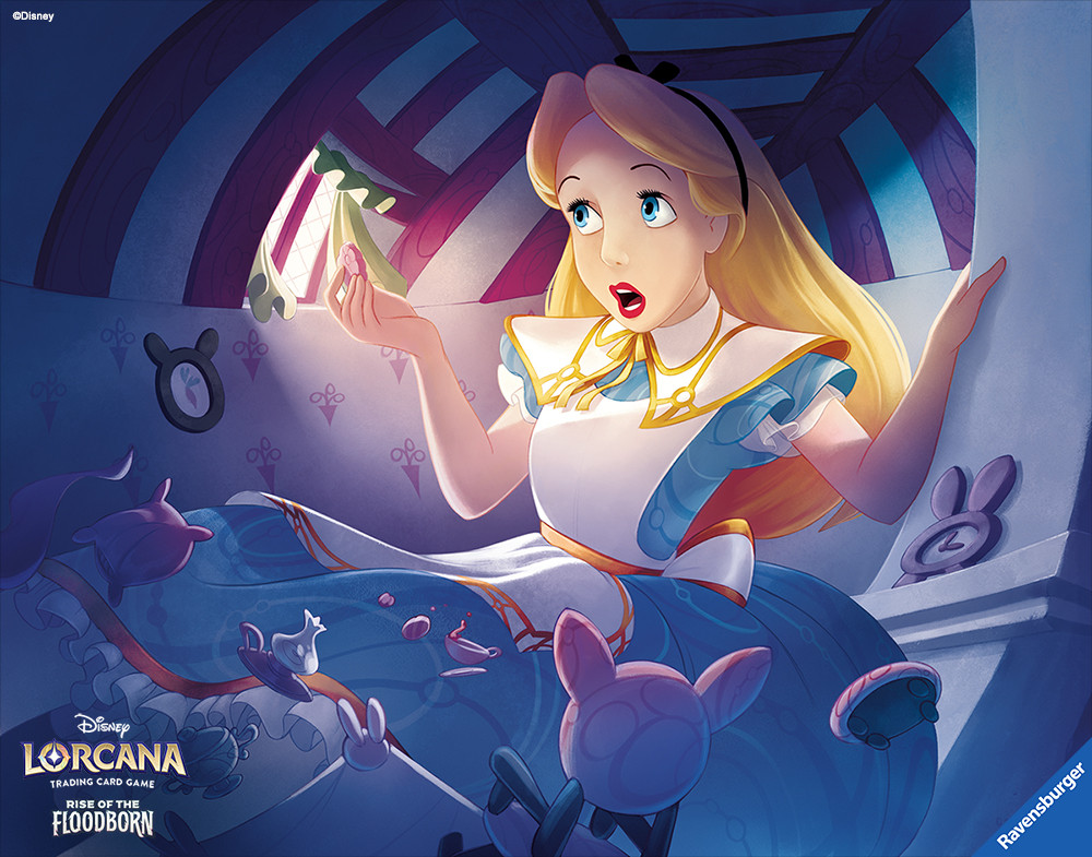 1girl alice_(alice_in_wonderland) alice_in_wonderland alice_pisoni blonde_hair blue_dress blue_eyes copyright_name disney_lorcana dress english_text indoors logo long_hair official_art open_mouth red_lips short_sleeves signature solo two-tone_dress white_dress