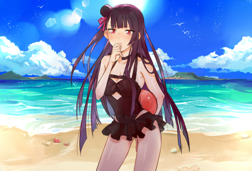 1girl ball beach beachball blue_sky blush breasts cleavage cloud cloudy_sky commentary_request day girls&#039;_frontline hair_ribbon island_kahuna long_hair looking_at_viewer medium_breasts ocean purple_hair red_eyes ribbon sky solo standing swimsuit wa2000_(girls&#039;_frontline) yichuan