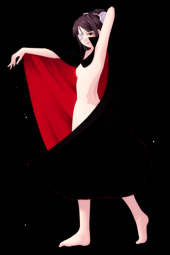 1girl armpits barefoot black_background black_cape breasts brown_eyes brown_hair cape closed_mouth commentary_request eyepatch full_body looking_at_viewer mr.romance naked_cape nude original red_cape simple_background small_breasts smile solo two-sided_cape two-sided_fabric