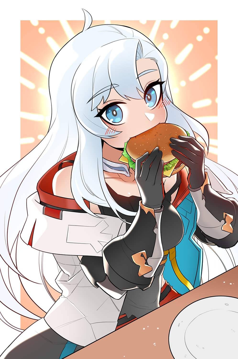 1girl black_gloves blue_eyes burger commentary commission dragalia_lost eating english_commentary food food_in_mouth gloves highres holding holding_burger holding_food ilia_(dragalia_lost) jacket long_hair looking_at_viewer open_clothes open_jacket plate solo table white_hair white_jacket xiafei97