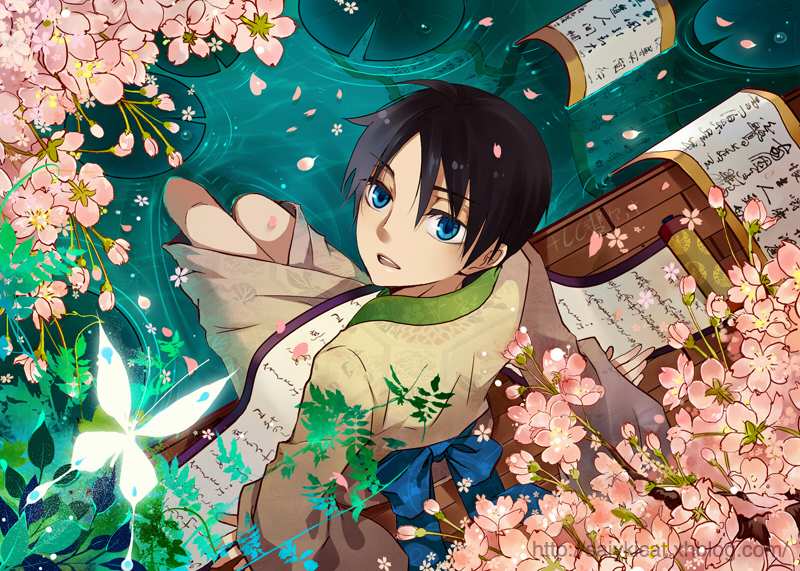 1boy black_hair blue_eyes bug butterfly cherry_blossoms flower from_above bug japanese_clothes kimono leaf lily_pad looking_up male_focus open_mouth petals saiyki scroll short_hair soaking_feet solo watanuki_kimihiro water watermark web_address xxxholic yukata