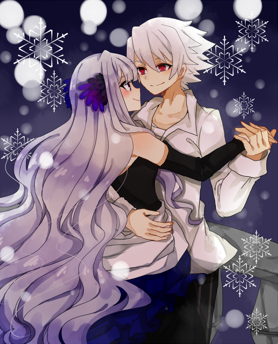 1boy 1girl dancing gwendolyn_(odin_sphere) hair_ornament long_hair odin_sphere oswald purple_hair red_eyes short_hair smile snowflakes very_long_hair white_hair