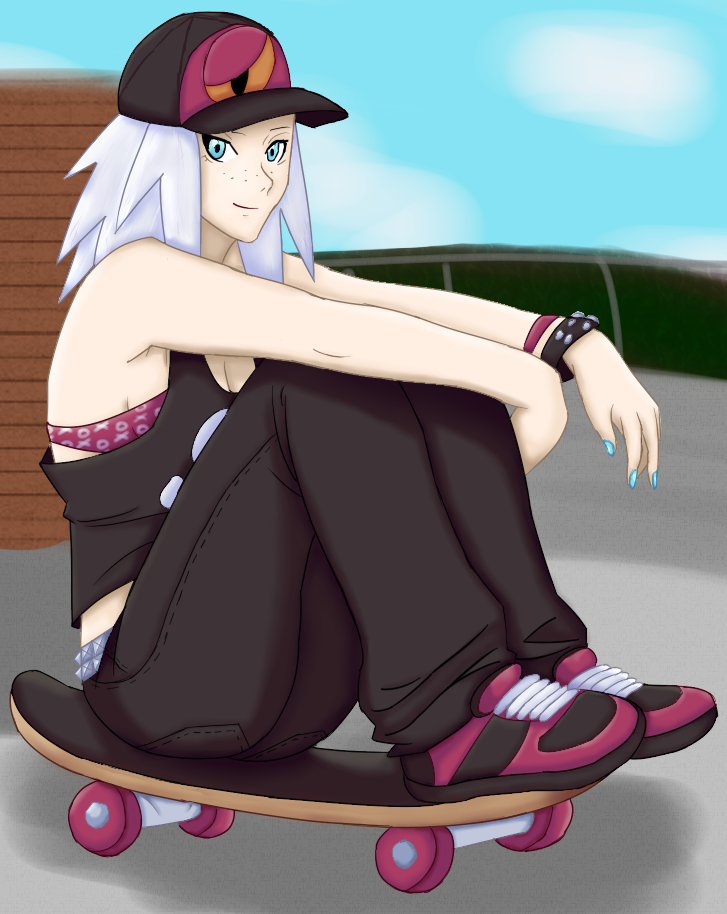 1girl aged_up blue_eyes creatures_(company) female_focus game_freak gym_leader hat jhonb nail_polish nintendo pokemon roxie_(pokemon) short_hair skateboard smile solo white_hair