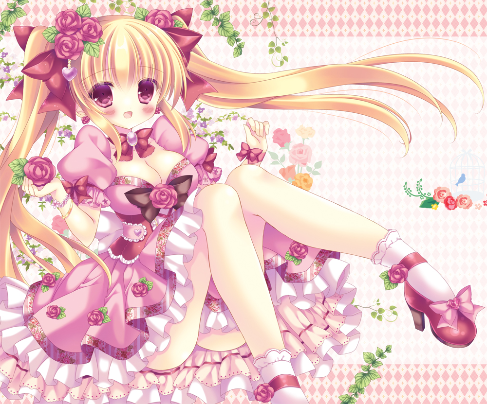 1girl :d bad_id bad_pixiv_id blonde_hair bow brown_eyes choker dress female_focus flower frilled_dress frills hair_bow hair_ribbon kouta. long_hair looking_at_viewer mary_janes open_mouth original ribbon ribbon_choker rose shoes smile socks solo twintails very_long_hair white_socks