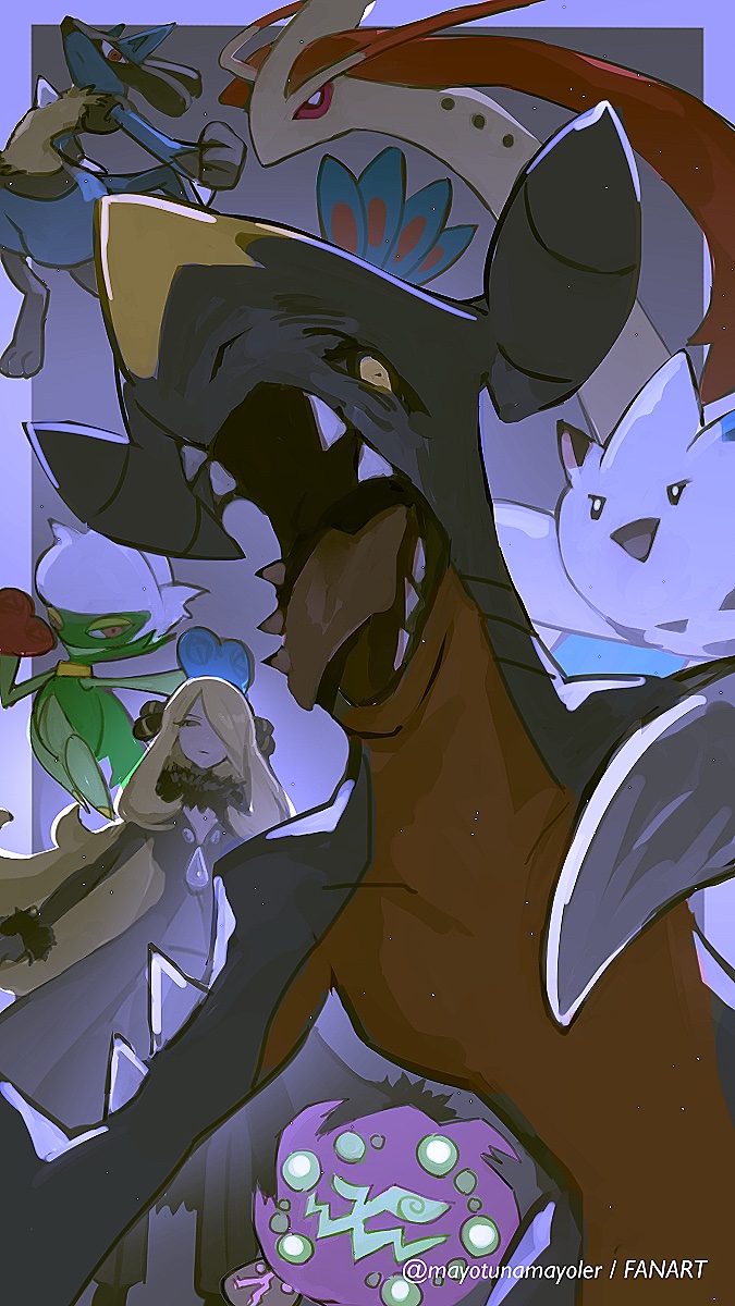 black_coat black_sclera blonde_hair blue_fur body_fur coat colored_sclera creatures_(company) cynthia_(pokemon) dragon game_freak garchomp gen_3_pokemon gen_4_pokemon hair_over_one_eye highres long_hair looking_at_viewer lucario mayotsunamayo milotic muted_color nintendo pokemon pokemon_(creature) pokemon_dppt roserade sea_serpent sharp_teeth spiritomb teeth togekiss yellow_eyes