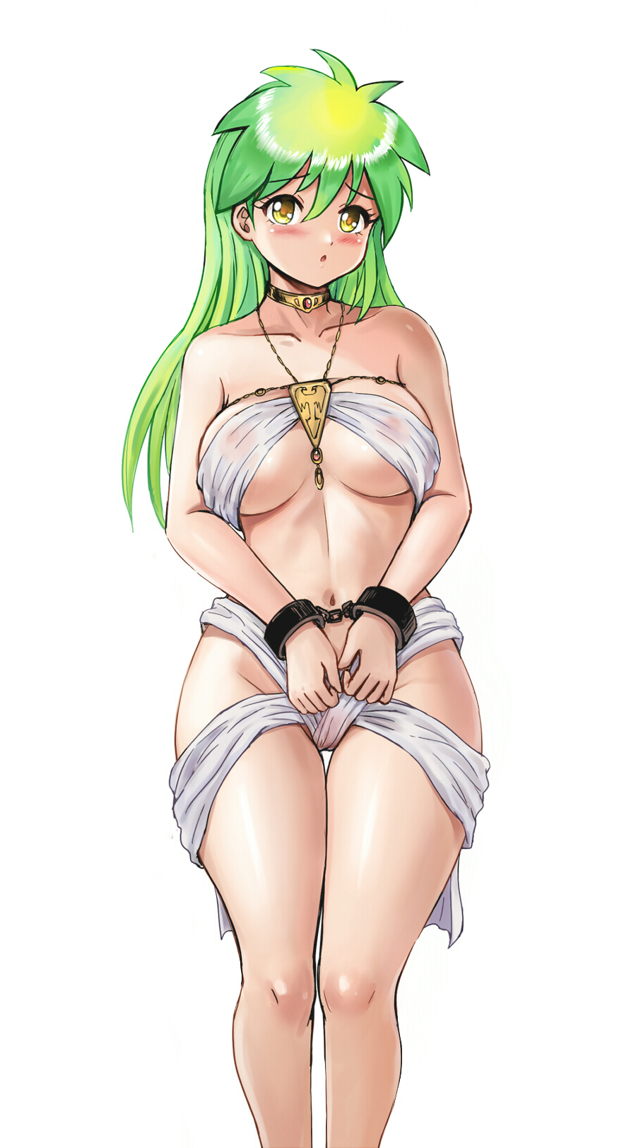 1girl bandeau breasts chouryuu_senki_sauros_knight collarbone commentary_request covered_erect_nipples cuffs green_hair handcuffs highres invisible_chair jewelry large_breasts long_hair navel necklace pendant shackles sharon_(sauros_knight) sitting solo y.ssanoha yellow_collar yellow_eyes