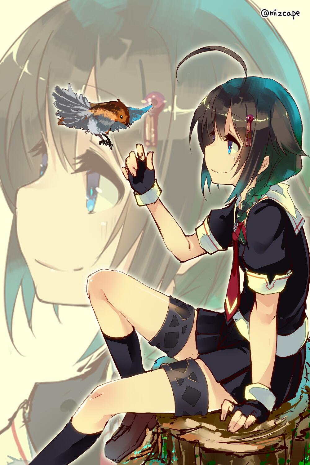 10s 1girl ahoge artist_name bird black_gloves black_hair black_socks blue_eyes braid chig_(mizusaki) female_focus fingerless_gloves gloves hair_ornament hair_over_shoulder highres kantai_collection miz pleated_skirt profile shigure_(kancolle) single_braid sitting skirt smile socks solo thigh_strap tree_stump twitter_username zoom_layer