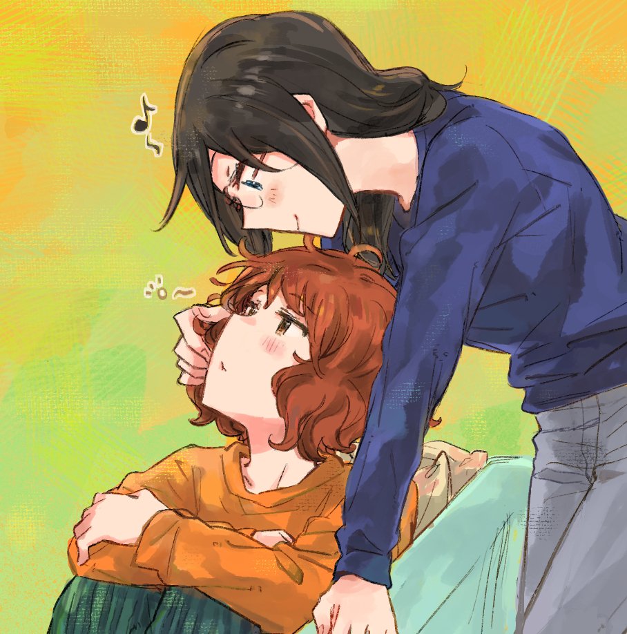 2girls amano_shin black_hair blue_eyes blue_shirt brown_hair commentary couch glasses green_pants grey_pants hand_in_another&#039;s_hair hibike!_euphonium long_hair looking_at_another multicolored_background multiple_girls musical_note orange_shirt oumae_kumiko pants pillow shirt simple_background sleepy tanaka_asuka