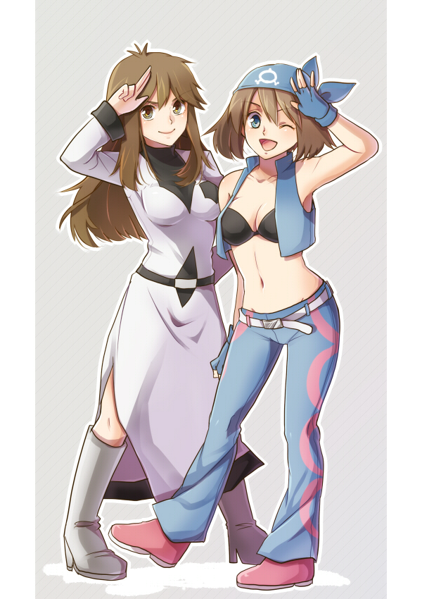 2girls ;) alternate_costume arm_up bandana belt blue_eyes boots bra breasts brown_eyes brown_hair cleavage coat cosplay creatures_(company) dress fingerless_gloves full_body game_freak gloves green_eyes leaf_(pokemon) looking_at_viewer may_(pokemon) midriff mokorei multiple_girls nintendo one_eye_closed pokemon pokemon_rgby pokemon_rse salute shelly_(pokemon) shelly_(pokemon)_(cosplay) simple_background smile team_aqua twintails underwear vest wink