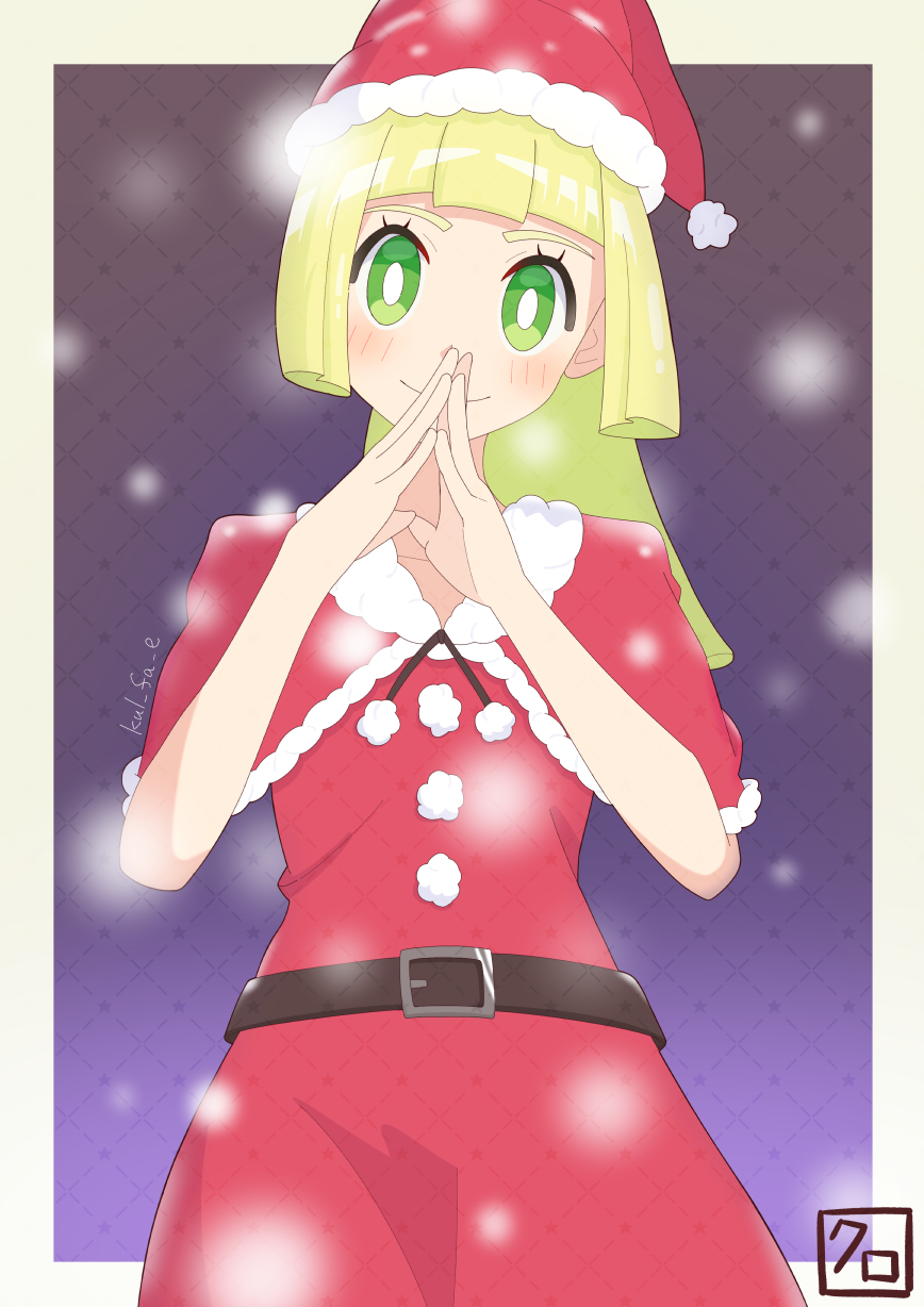 1girl alternate_costume belt blonde_hair blush border bright_pupils capelet closed_mouth coat commentary_request creatures_(company) eyelashes fur-trimmed_capelet fur_trim game_freak green_eyes hands_up hat highres kulfae_(solfa0419) lillie_(pokemon) long_hair nintendo outside_border pokemon pokemon_sm red_capelet red_coat red_hat santa_hat smile snowing solo steepled_fingers white_pupils