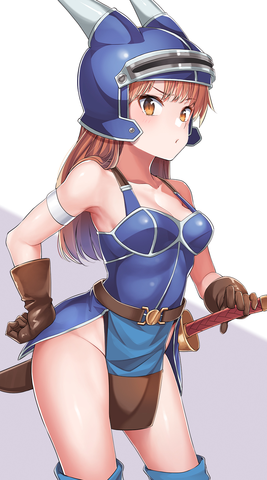 1girl armor armored_dress belt blue_dress blue_headwear blue_thighhighs breasts brown_belt brown_eyes brown_gloves brown_hair cleavage closed_mouth commentary_request daisy_(dq) dragon_quest dragon_quest_yuusha_abel_densetsu dress gloves grey_background groin hand_on_hilt hand_on_own_hip helmet highres konnyaku_(kk-monmon) long_hair looking_at_viewer medium_breasts pelvic_curtain sheath sheathed sleeveless sleeveless_dress solo standing sword thighhighs two-tone_background weapon white_background