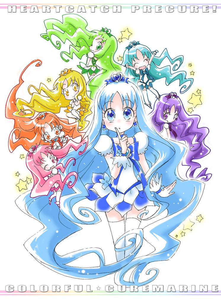 10s 6+girls :o alternate_color alternate_hair_color aqua_hair blonde_hair blue_eyes blue_hair blue_skirt blush bow brooch chibi choker colorful cure_marine earrings eyelashes closed_eyes falling green_eyes green_hair happy heart heart_brooch heartcatch_precure! jewelry kurumi_erika long_hair looking_back magical_girl multiple_girls multiple_persona one_eye_closed open_mouth orange_eyes orange_hair pink_eyes pink_hair precure purple_eyes purple_hair rainbow_order ryun sitting skirt star_(symbol) surprised thighhighs very_long_hair wink yellow_eyes