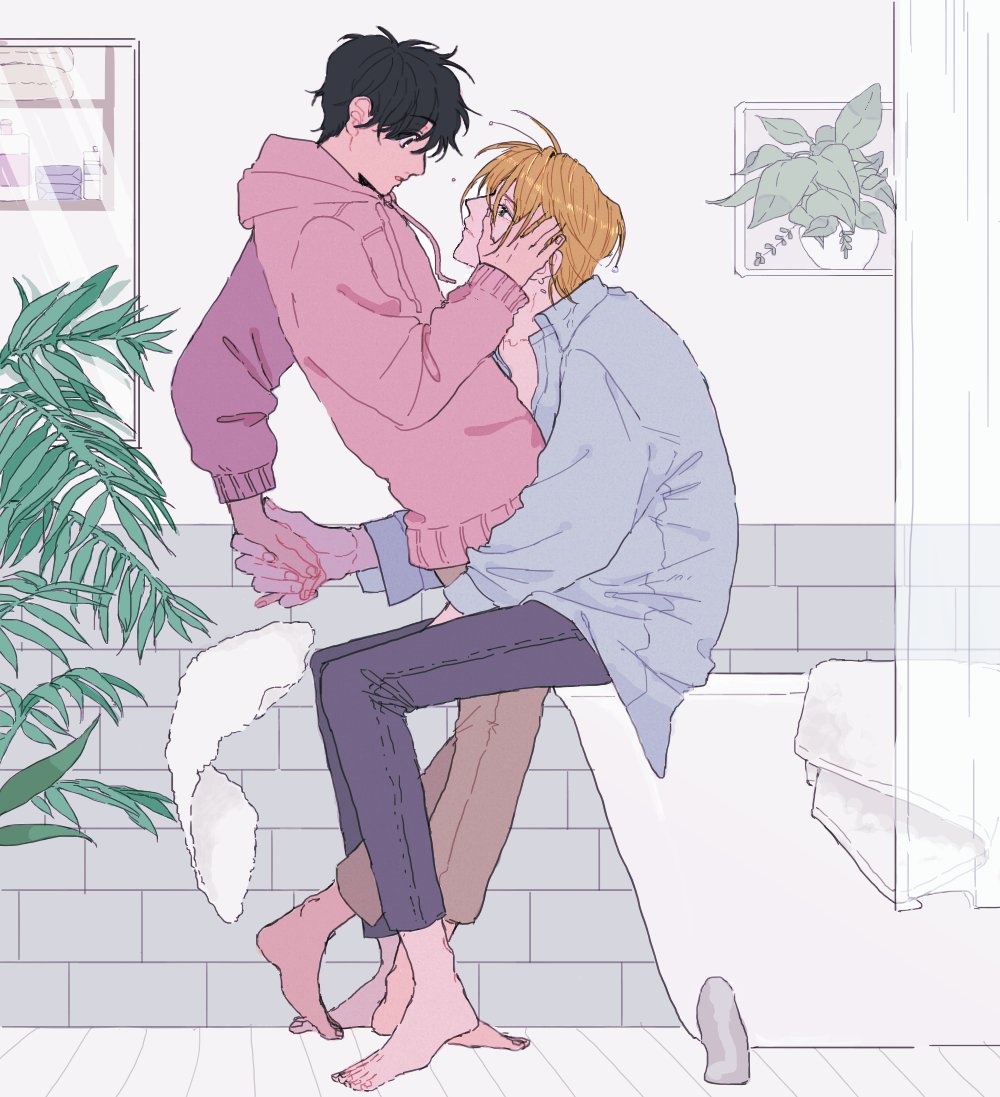 2boys a_co_pi ash_lynx banana_fish barefoot bathroom bathtub black_eyes black_hair blonde_hair blue_eyes blue_pants blue_shirt brown_pants hand_on_another&#039;s_face holding_hands hood hoodie long_sleeves looking_at_another male_focus multiple_boys okumura_eiji pants pink_hoodie plant potted_plant shirt short_hair sitting towel yaoi