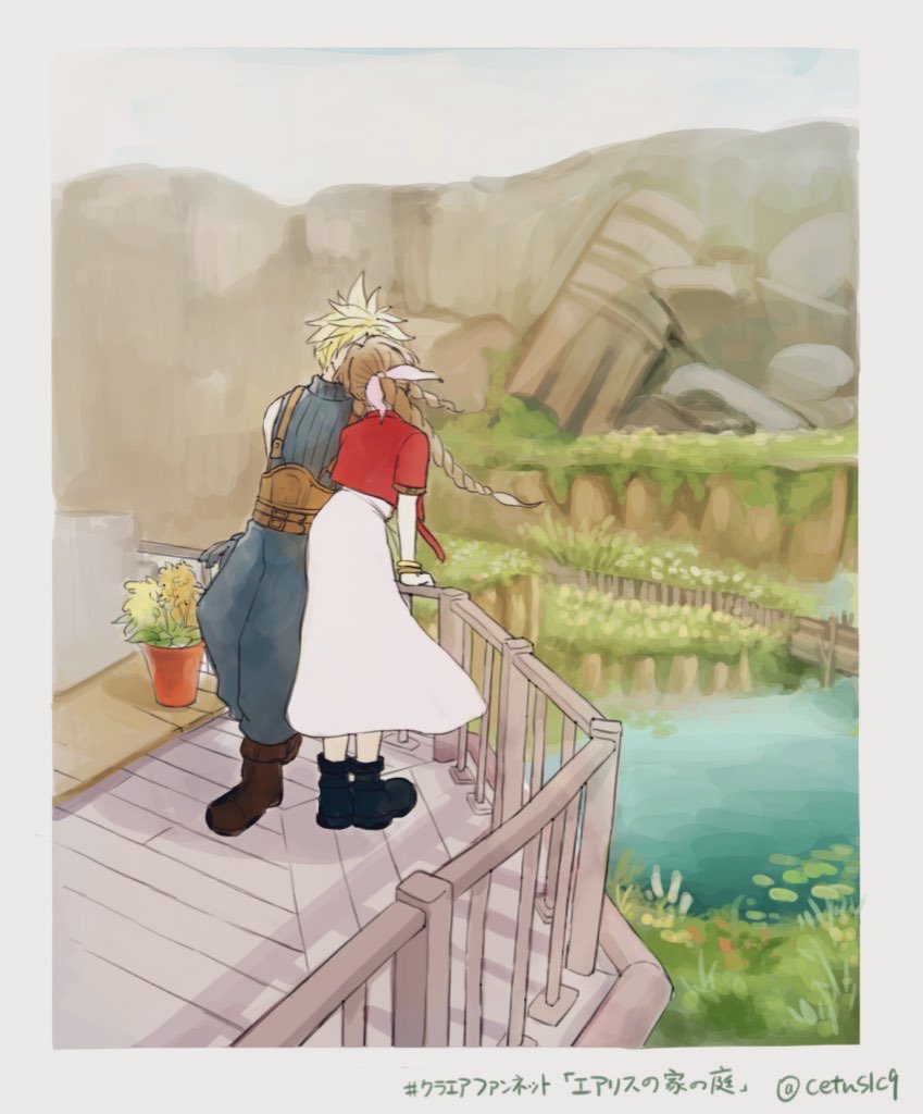 1boy 1girl aerith_gainsborough against_railing aireborn balcony bangle belt black_footwear black_gloves blue_pants blue_shirt boots bracelet braid braided_ponytail brown_belt brown_footwear cloud_strife couple cropped_jacket dress final_fantasy final_fantasy_vii final_fantasy_vii_remake full_body gloves hair_ribbon hetero jacket jewelry kiss lily_pad long_dress long_hair multiple_belts outdoors pants parted_bangs pink_dress pink_ribbon plant potted_plant railing red_jacket ribbon shirt short_hair short_sleeves sidelocks single_bare_shoulder single_braid sleeveless sleeveless_turtleneck spiked_hair turtleneck twitter_username