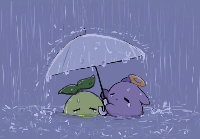 blob closed_eyes closed_mouth commentary creature dot_mouth frown halo holding holding_umbrella hololive hololive_english no_humans purple_background rain sapling_(ceres_fauna) sprout_on_head symbol-only_commentary takodachi_(ninomae_ina&#039;nis) tears umbrella virtual_youtuber yuuyu_(777)