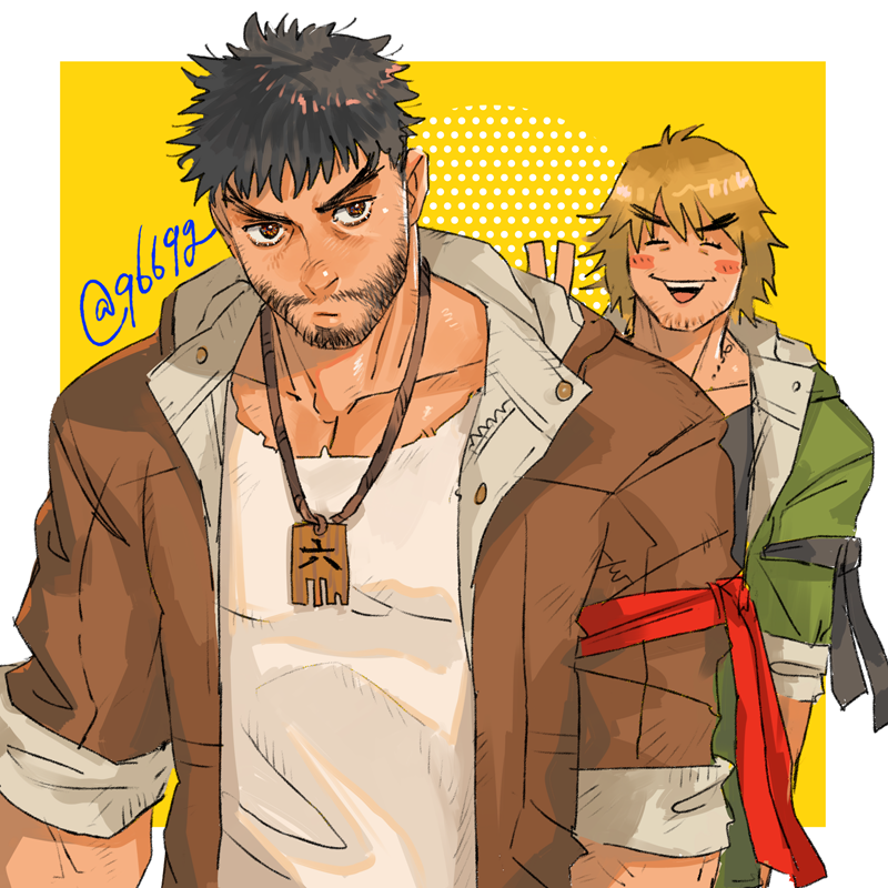 2boys arm_belt beard beard_stubble belt belt_buckle black_belt black_shirt blonde_hair blush border brown_eyes brown_hair brown_jacket buckle closed_mouth coat collarbone commentary_request dog_tags facial_hair green_coat hair_between_eyes headband headband_around_arm jacket jewelry jitome ken_masters kurononekojyo looking_to_the_side male_focus multiple_boys necklace open_mouth outside_border red_headband ryu_(street_fighter) scoop_neck shirt short_hair sleeves_rolled_up street_fighter street_fighter_6 stubble teeth thick_eyebrows tongue triangle_mouth twitter_username upper_body upper_teeth_only v white_border white_shirt