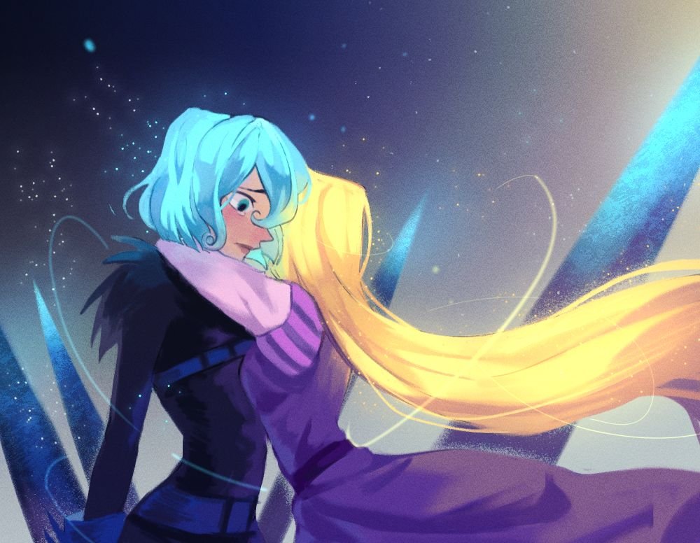 2girls black_bodysuit blonde_hair blue_eyes blue_gloves blue_hair bodysuit breasts cassandra_(tangled) dress gloves gradient_background hair_between_eyes hug light_particles long_hair looking_down medium_breasts multiple_girls princeeric323 purple_dress rapunzel_(disney) sad short_hair standing tangled tangled:_the_series tears very_long_hair