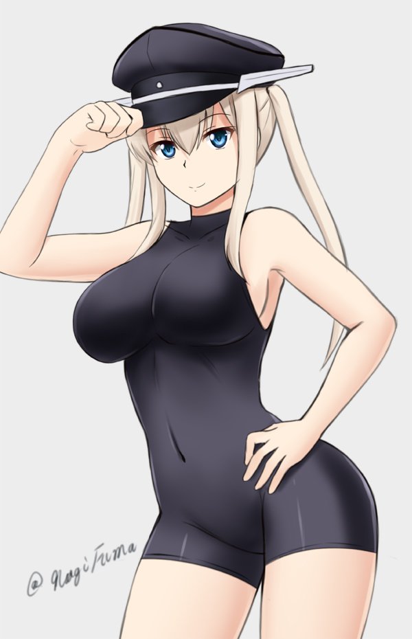 10s 1girl adjusting_clothes adjusting_headwear armpits bare_shoulders blonde_hair blue_eyes bodysuit breasts closed_mouth collarbone contrapposto covered_navel cowboy_shot female_focus from_side fuuma_nagi graf_zeppelin_(kancolle) grey_background hair_between_eyes halterneck hand_on_own_hip hand_up hat impossible_clothes kantai_collection large_breasts light_smile long_hair looking_at_viewer peaked_cap sideboob sidelocks simple_background skin_tight smile solo standing thighs turtleneck twintails twitter_username unitard white_hair