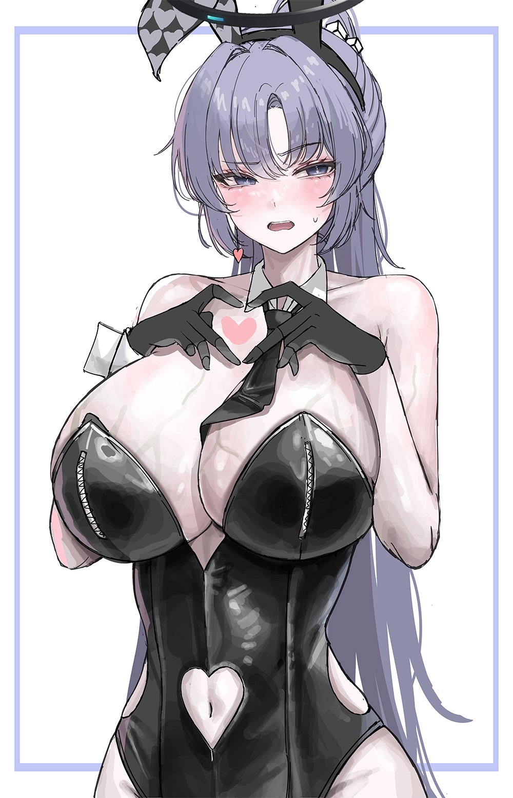 1girl animal_ears bell black_gloves black_halo blue_archive blue_eyes blush breasts gloves hair_ornament halo heart heart_hands highres kkukki large_breasts leotard long_hair navel necktie open_mouth playboy_bunny rabbit_ears solo stomach sweat upper_body wet yuuka_(blue_archive)