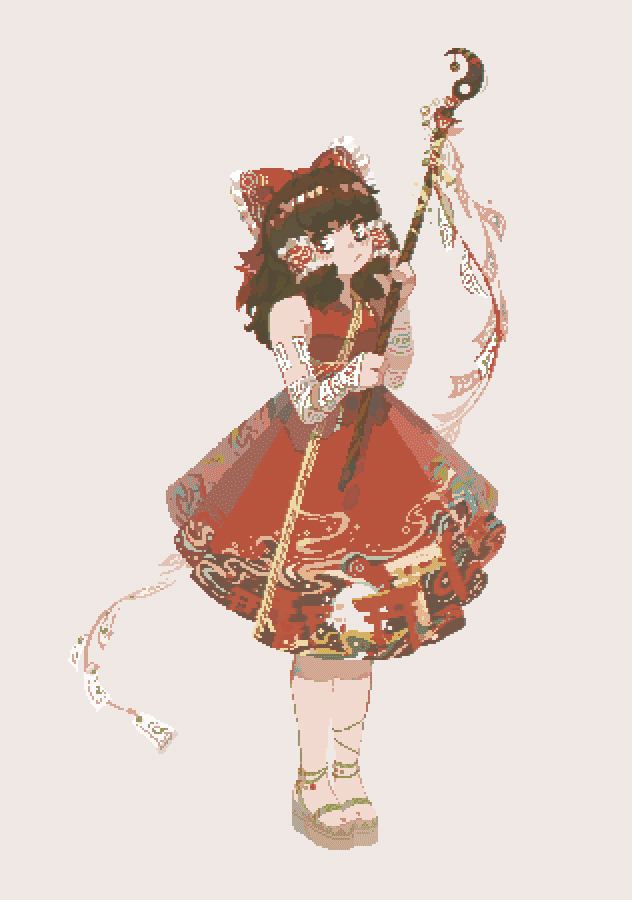 1girl adapted_costume ankle_strap bow brown_eyes brown_hair clog_sandals closed_mouth dress frilled_bow frills full_body hair_bow hair_tubes hakurei_reimu holding holding_wand loftyanchor long_hair looking_to_the_side ofuda pixel_art print_dress red_bow red_dress sidelocks sleeveless sleeveless_dress solo standing torii touhou wand white_background yin_yang