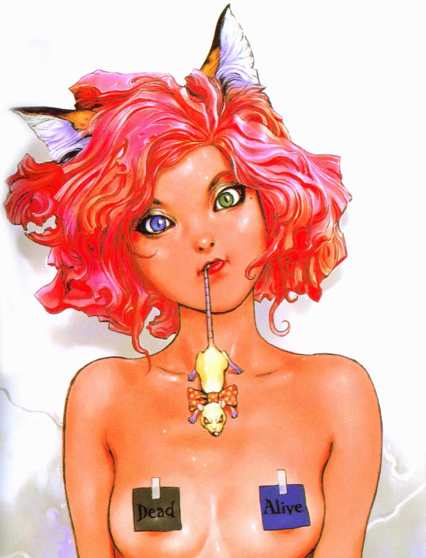 1girl animal_ears breasts cat_ears female_focus heterochromia mouth_hold original pasties pink_hair red_hair schrodinger&#039;s_cat solo terada_katsuya wanted_poster