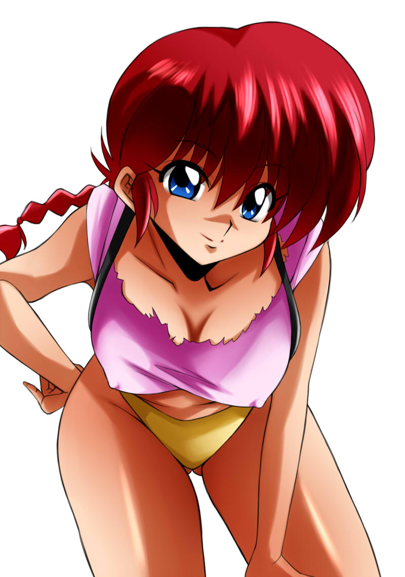 1girl blue_eyes blush braid braided_ponytail breasts genderswap genderswap_(mtf) looking_at_viewer medium_breasts panties ranma-chan ranma_1/2 red_hair shirt short_hair simple_background single_braid underwear yamada_(fanfantaisa)