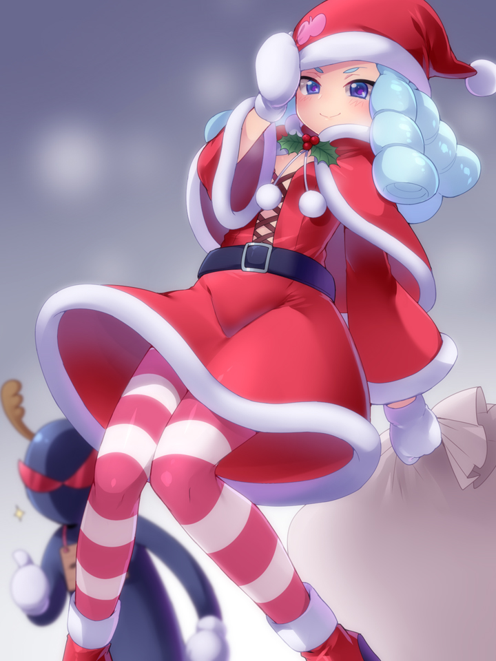 10s 1girl bad_id bad_pixiv_id blue_eyes blue_hair blush breasts capelet christmas gloves happinesscharge_precure! hat hosshiwa looking_at_viewer mogiki_hayami pantyhose precure sack santa_costume santa_hat small_breasts smile striped_clothes striped_pantyhose white_gloves