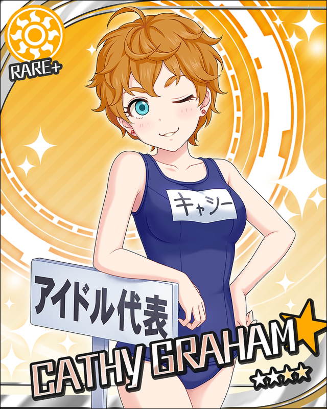 10s 1girl blonde_hair blue_eyes blush cathy_graham character_name idolmaster idolmaster_cinderella_girls official_art short_hair smile star_(symbol) swimsuit translated wink