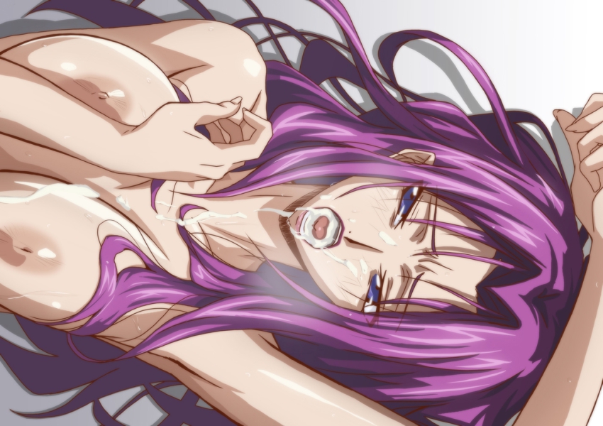 1girl after_fellatio armpits arms_up bad_tag big_breasts blue_eyes breasts code_geass cornelia_li_britannia cum cum_in_mouth cum_on_body cum_on_breasts cum_on_upper_body facial female_focus highres kyabakurabakufu large_breasts long_hair looking_at_viewer lying nipples nude on_back open_mouth purple_hair raised_eyebrows source_request sweat upper_body