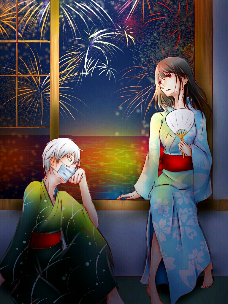 fireworks japanese_clothes kimono mask mouth_mask onii-san_(sachi-iro_no_one_room) sachi-iro_no_one_room sachi_(sachi-iro_no_one_room) yawa_ryujo