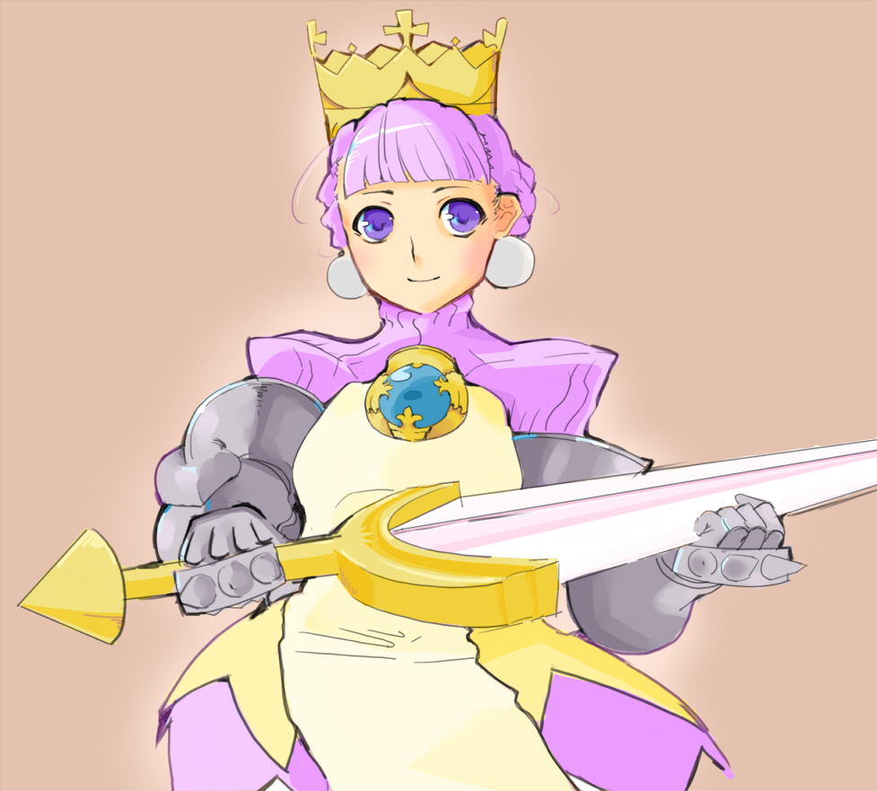 1girl armor armored_dress crown earrings female_focus gauntlets gold_crown gradriel gradriel_de_valendia himajima_wahito jewelry princess_crown purple_eyes purple_hair short_hair smile solo spikes sword weapon