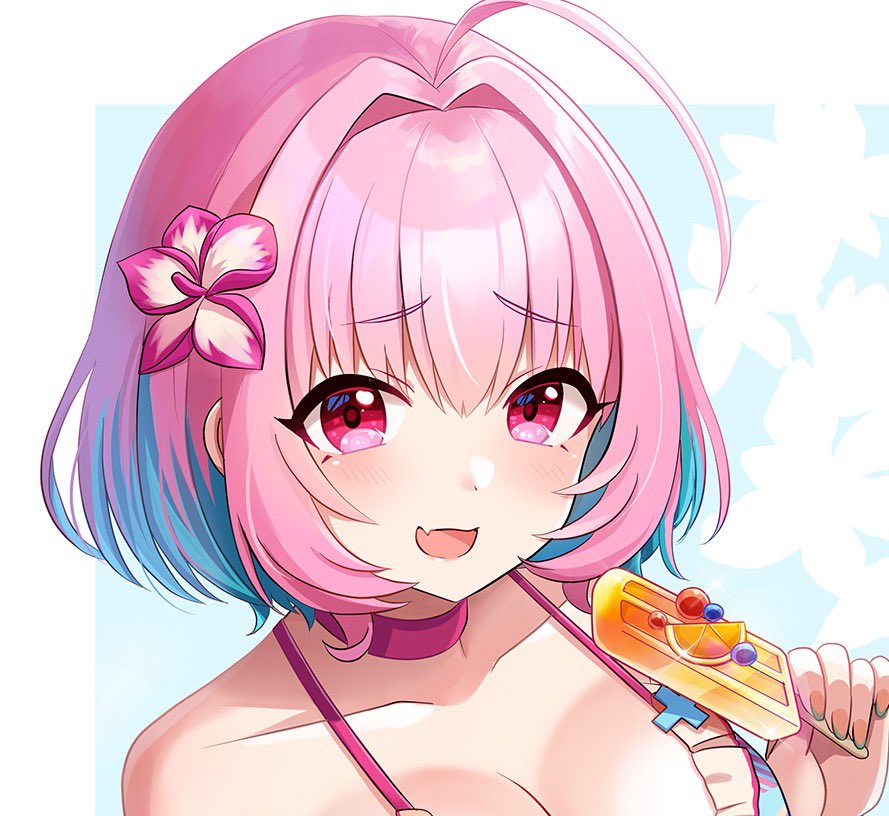 1girl ahoge aqua_bikini aqua_hair bare_shoulders bikini blue_background blush bob_cut breasts choker cleavage collarbone colored_inner_hair commentary_request fang fingernails flower food glint green_nails hair_between_eyes hair_flower hair_intakes hair_ornament hand_up hibiscus holding holding_food holding_popsicle idolmaster idolmaster_cinderella_girls idolmaster_cinderella_girls_starlight_stage large_breasts looking_at_viewer medium_hair multicolored_hair nail_polish open_mouth pink_bikini pink_choker pink_eyes pink_hair popsicle portrait sakura_ran skin_fang smile solo swimsuit two-tone_background two-tone_hair white_background yumemi_riamu