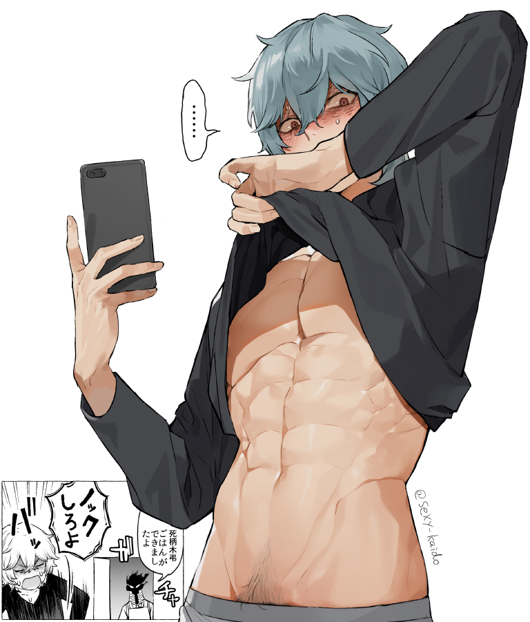 2boys abs black_shirt boku_no_hero_academia cellphone clothes_lift darkness fog grey_hair grey_pubic_hair groin kaidou_j1 kurogiri_(boku_no_hero_academia) long_sleeves male_focus male_pubic_hair multiple_boys muscular muscular_male navel phone pubic_hair red_eyes selfie shigaraki_tomura shirt shirt_lift simple_background smartphone sweatdrop toned toned_male twitter_username white_background