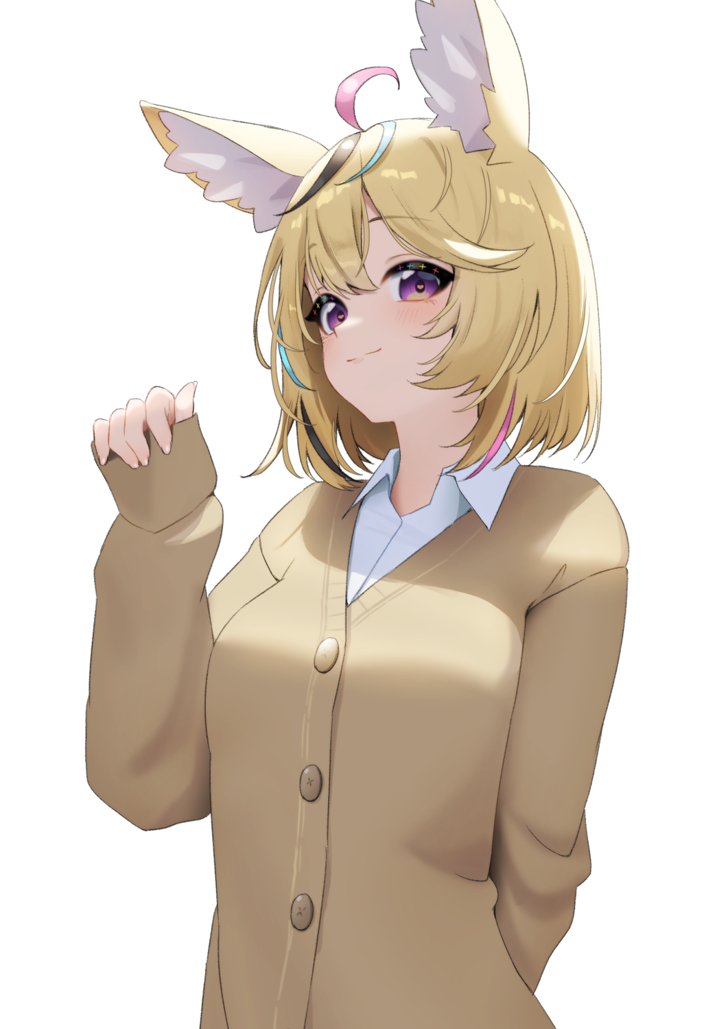 1girl ahoge animal_ear_fluff animal_ears blonde_hair blush brown_cardigan cardigan collared_shirt commentary fox_ears fox_girl hair_between_eyes heart heart-shaped_pupils highres hololive katuko_deluxe light_blush looking_at_viewer multicolored_hair official_alternate_hair_length official_alternate_hairstyle omaru_polka omaru_polka_(school_uniform) pink_hair purple_eyes shirt short_hair smile solo streaked_hair symbol-shaped_pupils upper_body virtual_youtuber white_background