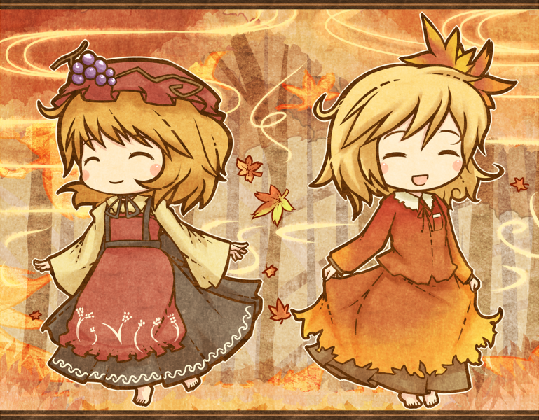 2girls aki_minoriko aki_shizuha akihiyo autumn barefoot blonde_hair blouse blush chibi closed_eyes female_focus food fruit grapes hair_ornament hat leaf leaf_hair_ornament leaf_on_head maple_leaf multiple_girls shirt short_hair skirt_hold smile touhou